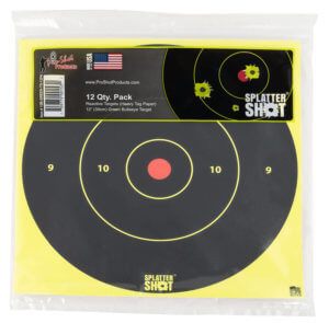 Pro-Shot 12BGREENTG12PK SplatterShot 12″ Bullseye Hanging Heavy Paper Black/Red Impact Enhancement Yes White 12 PK