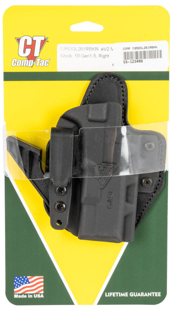 Comp-Tac C852GL052RBKN eV2 Max AIWB Black Kydex/Leather Belt Clip Fits Glock 19 Gen1-5 Right Hand