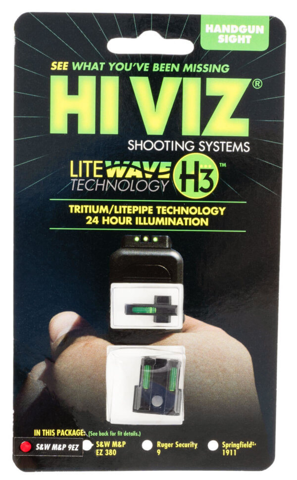 HiViz 9EZN321 LiteWave H3 Tritium/LitePipe S&W 9EZ Shield Sight Set  Black | Green Tritium with White Outline Front Sight Green Fiber Optic Rear Sight