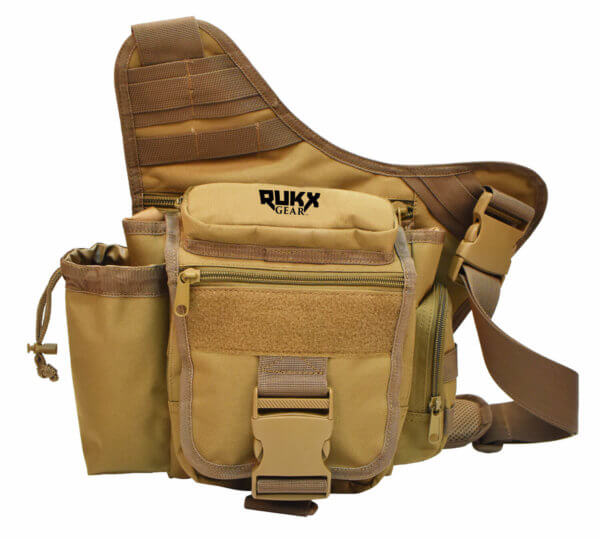 Rukx Gear ATICTSBT Sling Bag Water Resistant Tan 600D Polyester with Single Strap Adjustable Water Bottle Holder & Padded Compartments 11.50″ x 10″ x 8″ Dimensions