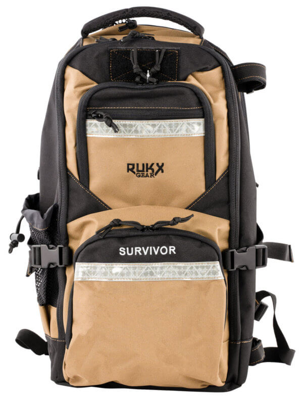 Rukx Gear ATICTSURT Survivor Backpack Floatable Tan 600D Polyester with Non-Rust Zippers Hidden Handgun Pocket Reinforced Webbing & Internal Storage Straps 20″ x 11″ x 10″ Dimensions