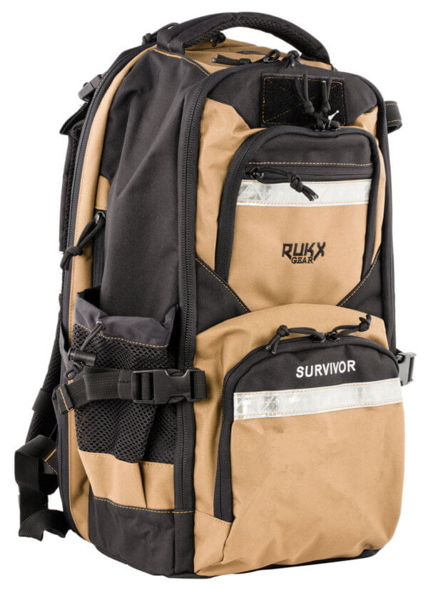 Rukx Gear ATICTSURT Survivor Backpack Floatable Tan 600D Polyester with Non-Rust Zippers Hidden Handgun Pocket Reinforced Webbing & Internal Storage Straps 20″ x 11″ x 10″ Dimensions