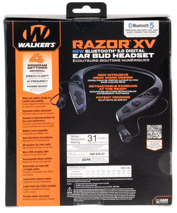 Walker’s GWPBTNBT Razor XV 3.0 Headset 31 db Behind The Neck Black Adult