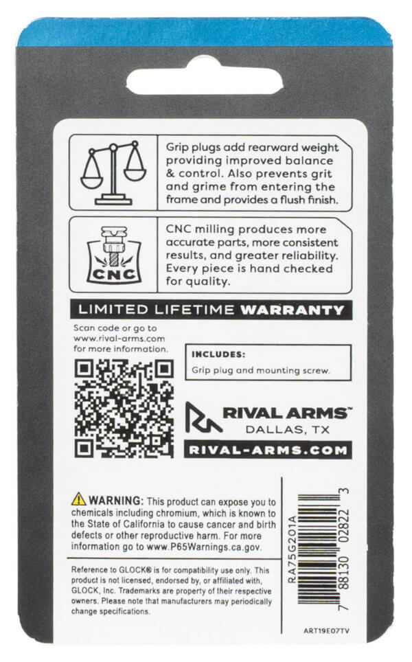 Rival Arms RA75G201A Grip Plug  Compatible w/Glock 19 Gen3  Black Anodized Aluminum