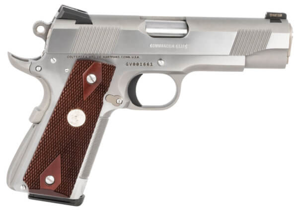 Colt Mfg O4012XSZ Combat Elite Commander 1911 45 ACP 8+1 4.25 Stainless National Match Barrel  Brushed Stainless Serrated Slide & Frame w/Beavertail  Double Diamond Checkered Wood Grip  Ambidextrous”
