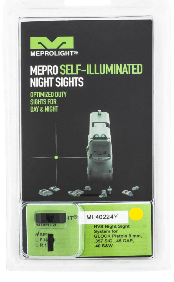 Meprolight USA 402243121 Hyper-Bright  Black | Green Tritium with Yellow Phosphorescent Outline Front Sight Green Tritium with Black Outline Rear Sight Set