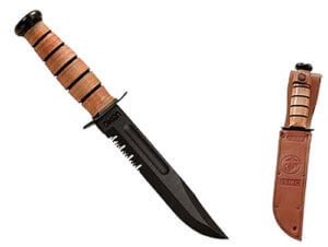 Ka-Bar 1218 USMC Fight/Utility 7″ Fixed Clip Point Part Serrated Black 1095 Cro-Van Blade Brown Leather Handle Includes Sheath