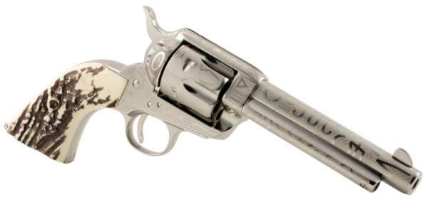 Taylors & Company 200063 1873 Cattle Brand 45 Colt (LC) Caliber with 5.50  Barrel  6rd Capacity Cylinder  Overall Nickel-Plated Engraved Finish Steel & Imitation Stag Grip”