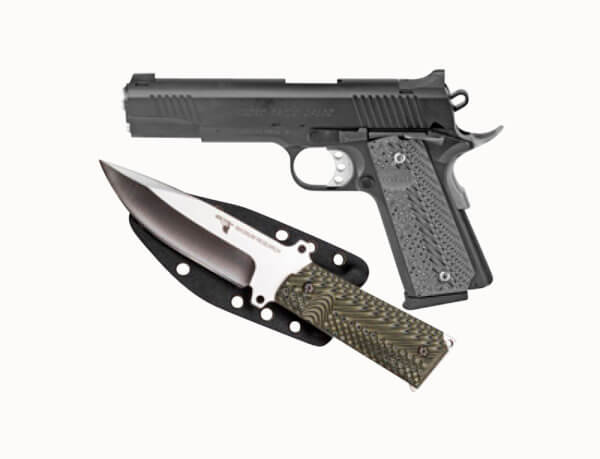 Magnum Research DE1911G10K 1911 G 10mm Auto Caliber with 5.01″ Barrel 8+1 Capacity Overall Matte Black Finish Carbon Steel Beavertail Frame Serrated Slide & Black/Gray G10 Grip Includes Knife