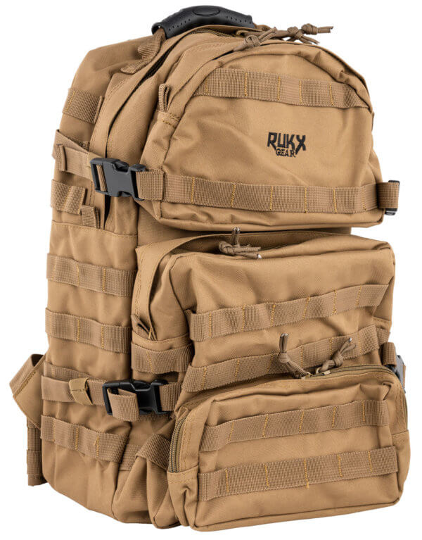 Rukx Gear ATICT3DT Tactical 3 Day Water Resistant Tan 600D Polyester with Molle Hook & Loop Panel 4 Storage Areas 16″ x 10″ x 10″