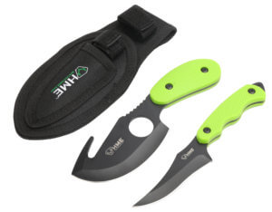 HME HMEKN-2PSGC Skinning Kit 3.50″ Fixed Skinner w/Gut Hook/Caping Plain/Gut Hook Black Oxide 420HC Blade TPR Green Handle