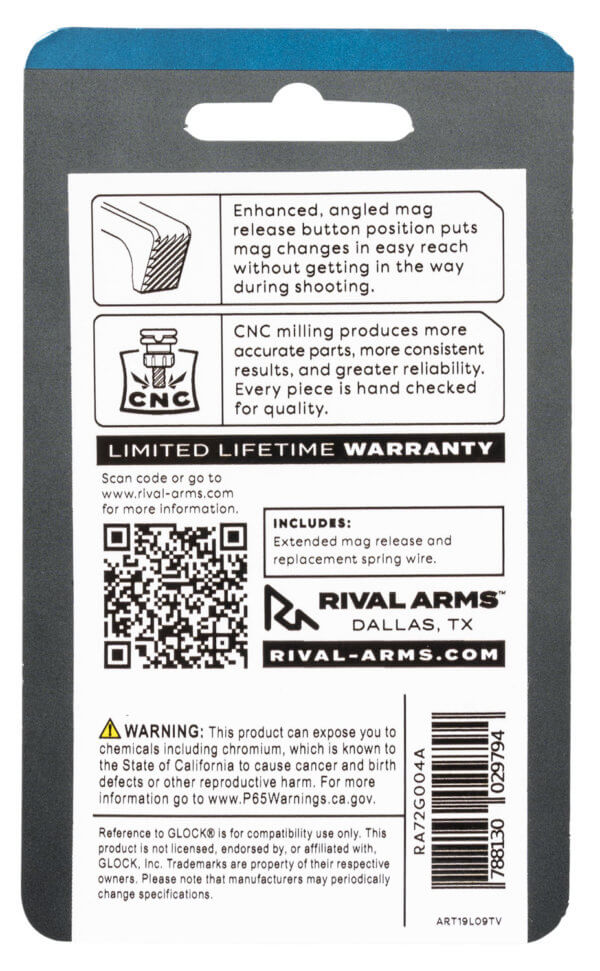 Rival Arms RA72G004A Magazine Release Extended Black Anodized Aluminum for Glock 43X 48