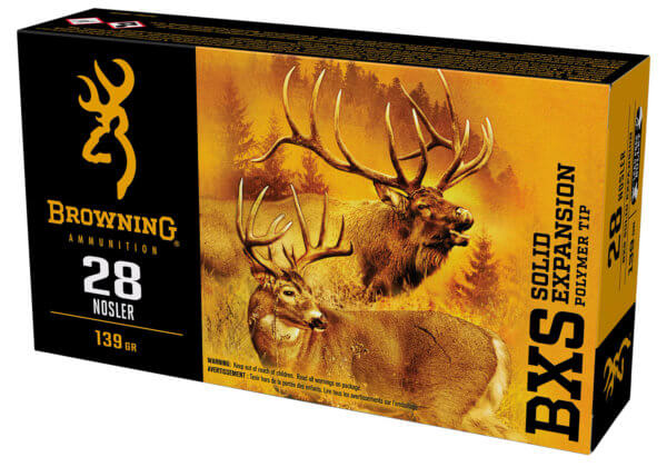 Browning Ammo B192400281 BXS Copper Expansion 28 Nosler 139 gr Lead Free Solid Expansion Polymer Tip 20rd Box