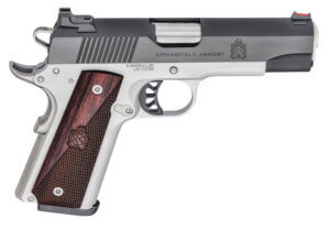 Springfield Armory PX9117L 1911 Ronin 9mm Luger 4.25″ 9+1 Satin Aluminum Cerakote Frame Blued Carbon Steel with Rear Serrations Slide Crossed Cannon Wood Laminate Grip