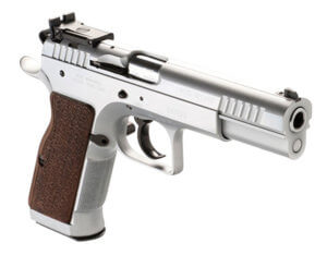 Tanfoglio IFG TFLIMPRO9SF Defiant Limited Pro 9mm Luger Caliber with 4.80″ Barrel  16+1 Capacity  Overall Hard Chrome Finish Steel  Beavertail Frame  Serrated Slide & Brown Polymer Grip