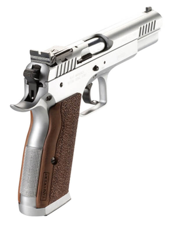Tanfoglio IFG TF-LIMPRO-9 Defiant Limited Pro 9mm Luger Caliber with 4.80″ Barrel 19+1 Capacity Overall Hard Chrome Finish Steel Beavertail Frame Serrated Slide & Brown Polymer Grip