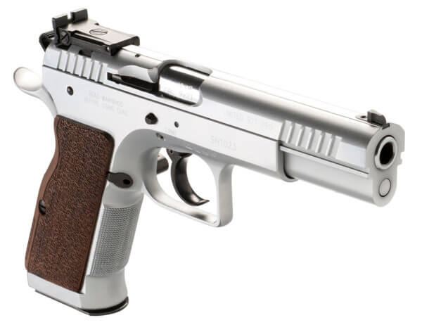 Tanfoglio IFG TFLIMPRO9SF Defiant Limited Pro 9mm Luger Caliber with 4.80″ Barrel  16+1 Capacity  Overall Hard Chrome Finish Steel  Beavertail Frame  Serrated Slide & Brown Polymer Grip