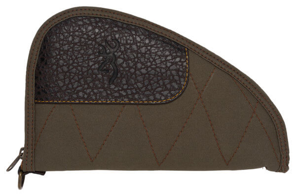 Browning 1435048411 Laredo Pistol Rug made of Cotton Canvas with Leather Trim Olive Finish with Brown Accents Felt Lining Open Cell Foam Padding & Zipper
