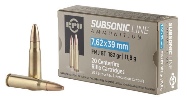 PPU PPS76239 Subsonic Rifle 7.62x39mm 182 gr Full Metal Jacket Boat-Tail (FMJBT) 20rd Box