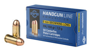 PPU PPH9BL Handgun 9mm Browning Long 108 gr Full Metal Jacket (FMJ) 50rd Box