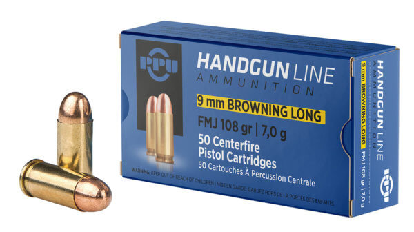 PPU PPH9BL Handgun Defense 9mm Browning Long 108 gr Full Metal Jacket (FMJ) 50rd Box