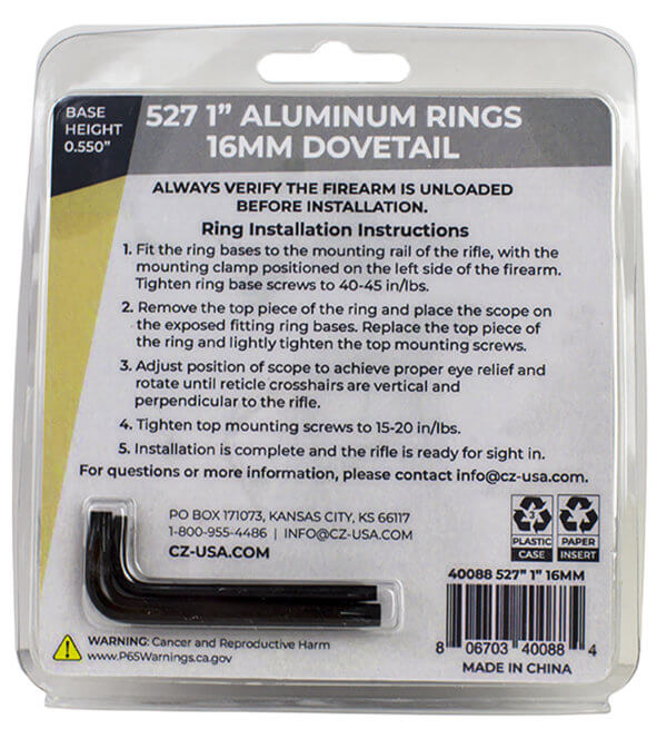 CZ-USA 40088 Scope Ring Set Matte Black Aluminum 1″ Tube Dovetail For CZ 527