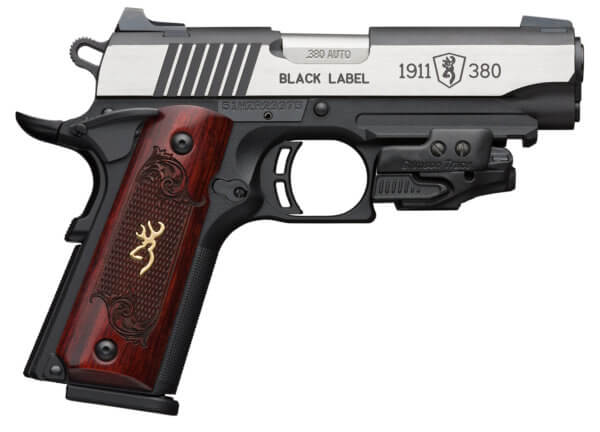 Browning 051953492 1911-380 Black Label Medallion Compact Frame 380 ACP 8+1 3.63 Matte Stainless Barrel  Serrated Slide w/Blackened Slide Flats    Polymer Frame w/Picatinny Rail & Beavertail  Rosewood w/Gold BuckMark Inlay Grips Features Crimson Trace La”