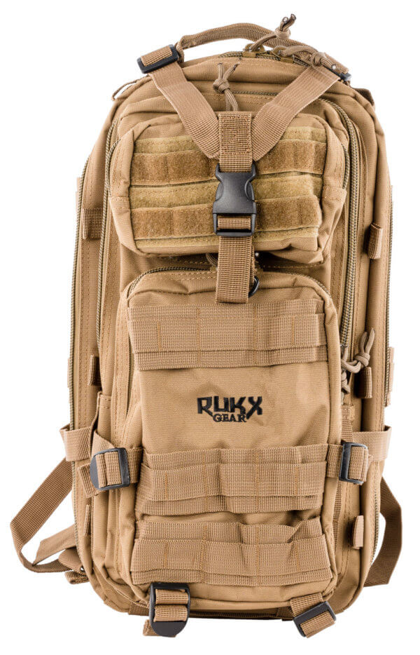 Rukx Gear ATICT1DT Tactical 1 Day Water Resistant Tan 600D Polyester with Molle Webbing Non-Rust Zippers Hook & Loop Panel 5 Storage Areas 18″ x 11″ x 11″