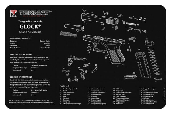 TekMat TEKR20GLOCK4243 Glock 42/43 Ultra Cleaning Mat Black/White Rubber 20″ Long Glock 42/43 Parts Diagram