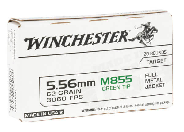 Winchester Ammo WM855K USA Green Tip 5.56x45mm NATO 62 gr Full Metal Jacket (FMJ) 20rd Box