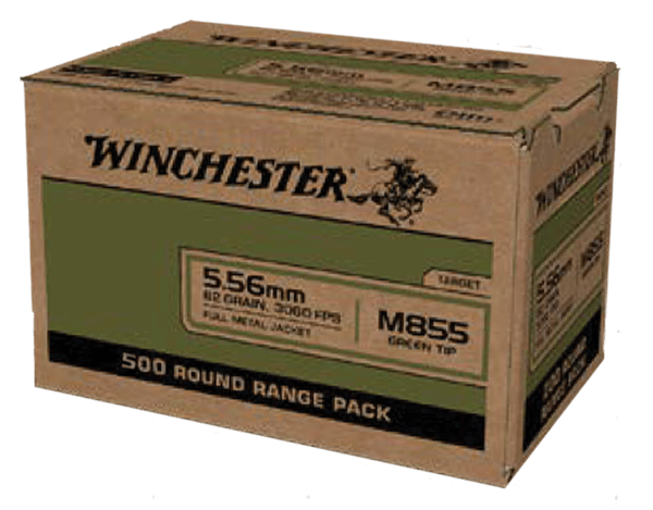 Winchester Ammo WM855500 USA M855 Green Tip 5.56x45mm NATO 62 gr 3060 fps Full Metal Jacket (FMJ) 500rd Box