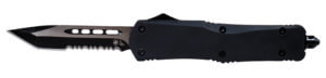 Templar Knife STX-531 Texan Gen II Small 2.25″ OTF Tanto Part Serrated Black Oxide Stonewashed 440C SS Blade/ 4.31″ Texas Flag Aluminum Handle Features Glass Breaker Includes Pocket Clip/Sheath