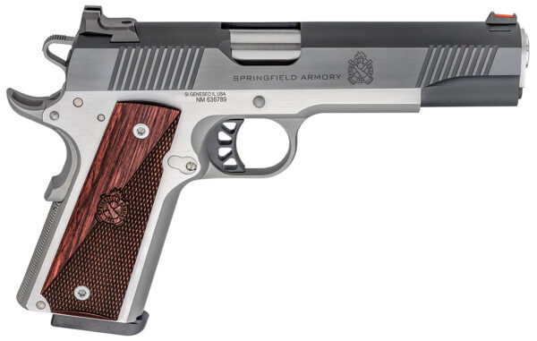 Springfield Armory PX9121L 1911 Ronin 10mm Auto 8+1 5″ Barrel Stainless Steel Frame w/Beavertail Serrated Blued Carbon Steel Slide Hybrid Smooth/Checkered Crossed Cannon Wood Laminate Grip