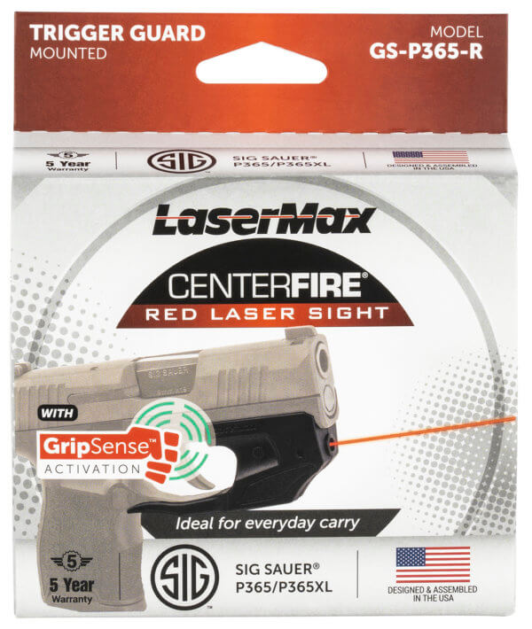 LaserMax GSP365R Centerfire Laser 5mW Red Laser with 650nM Wavelength GripSense & Black Finish for Sig P365 P365 XL P365 SAS