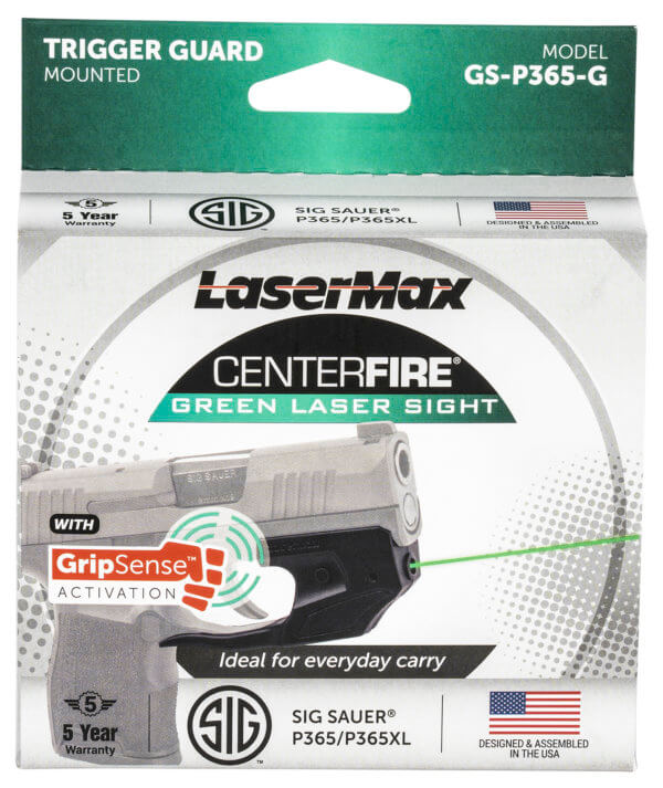LaserMax GSP365G Centerfire Laser 5mW Green Laser with 650nM Wavelength GripSense & Black Finish for Sig P365 P365 XL P365 SAS