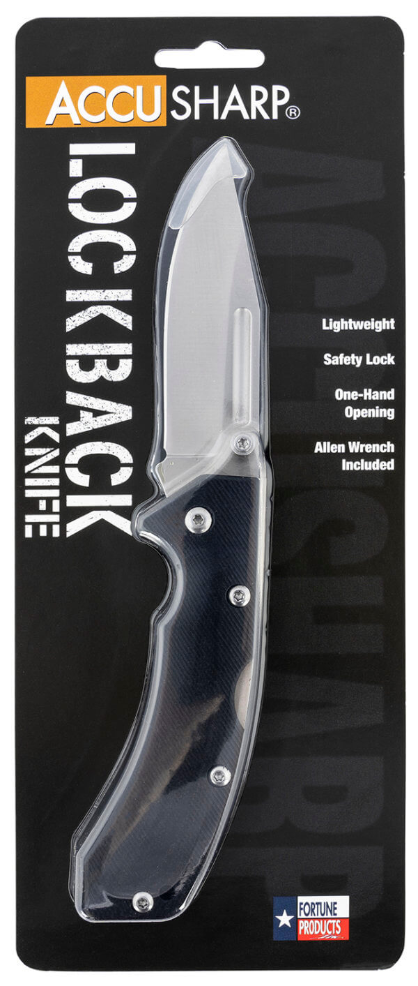 AccuSharp 712C Lockback 3″ Folding Clip Point Plain Stainless Steel Blade/Blaze Orange G10 Handle Includes Allen Wrench