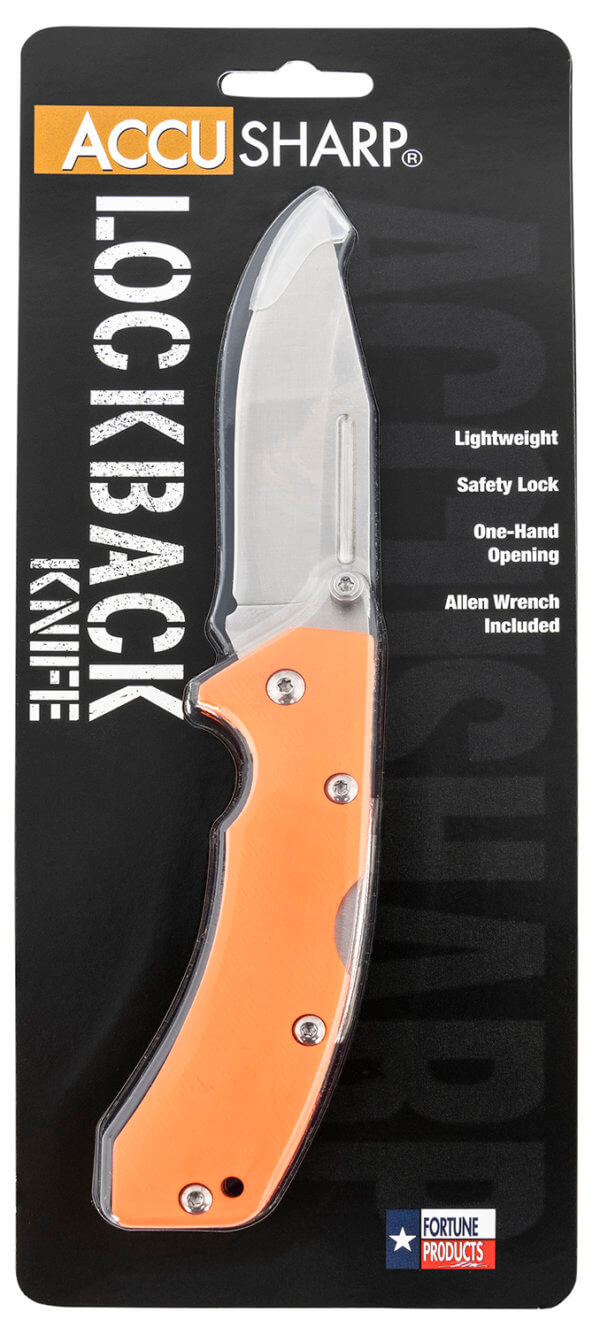 AccuSharp 712C Lockback 3″ Folding Clip Point Plain Stainless Steel Blade/Blaze Orange G10 Handle Includes Allen Wrench
