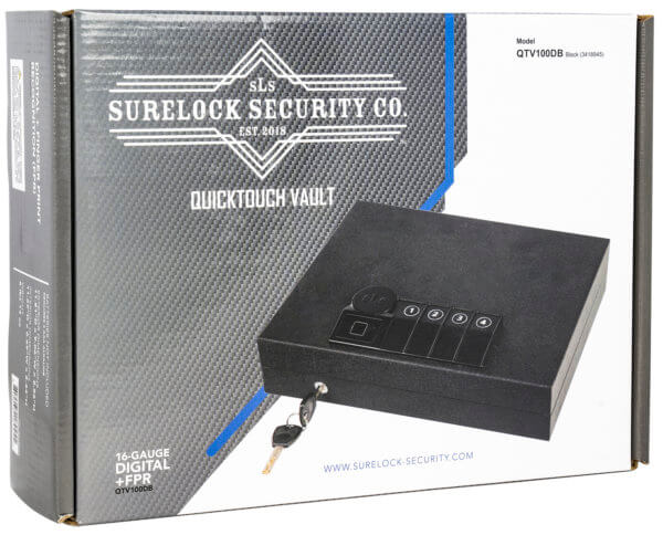 Surelock Security 3418945 QuickTouch 100 Digital Keypad/Biometric/Key Entry Matte Black Steel Holds 1 Handgun 2.56H x 9.06″W x11.81″D”