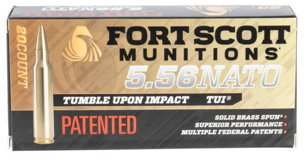 Fort Scott Munitions 556062SBV1 Tumble Upon Impact (TUI) Rifle 5.56x45mm NATO 62 gr Solid Brass Spun (SBS) 20rd Box