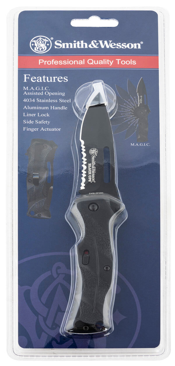 Smith & Wesson Knives SWBLOP2BSCP Black Ops  3.40 Folding Drop Point Part Serrated 4034 SS Blade Black Includes Pocket Clip”