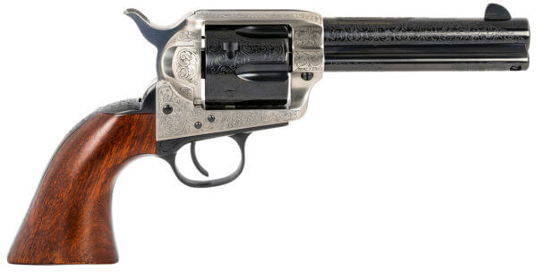 Taylors & Company 550924 1873 Cattleman 357 Mag Caliber with 4.75 Blued Floral Engraved Finish Barrel  6rd Capacity Blued Finish Cylinder  Coin Photo Engraved Finish Steel Frame & Walnut Grip”