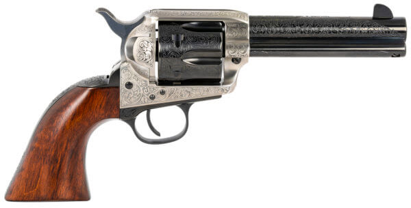 Taylors & Company 550925 1873 Cattleman 45 Colt (LC) Caliber with 4.75 Blued Floral Engraved Finish Barrel  6rd Capacity Blued Finish Cylinder  Coin Photo Engraved Finish Steel Frame & Walnut Grip”