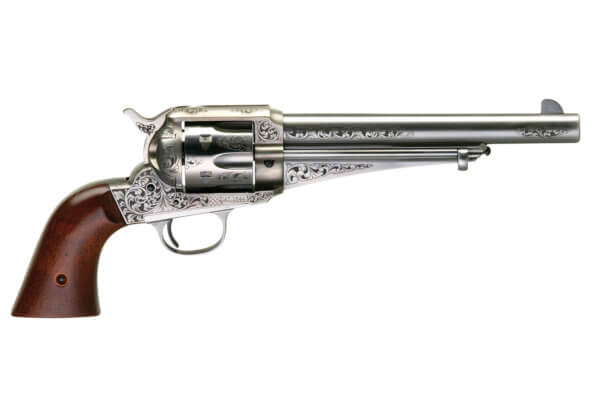 Taylors & Company 550382 1875 Army Outlaw 357 Mag Caliber with 7.50 Barrel  6rd Capacity Cylinder  Overall White Engraved Finish Steel & Walnut Grip”