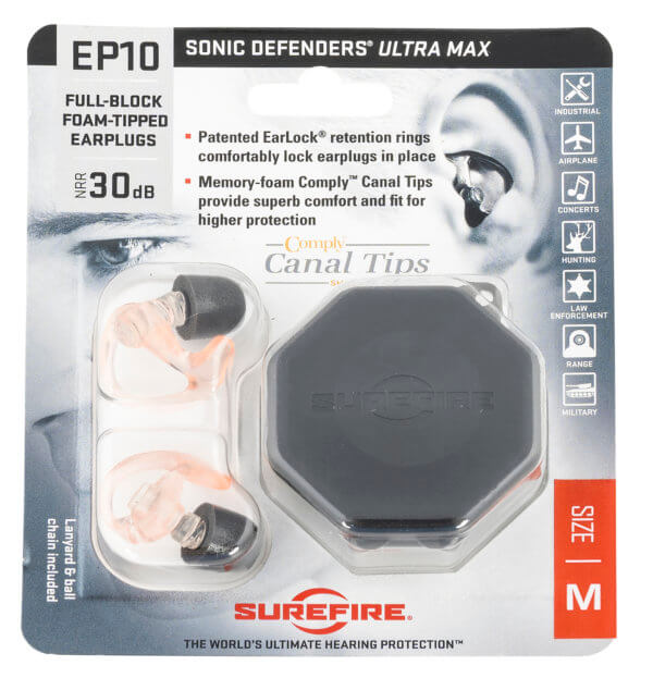 SureFire EP10MPR EP10 Sonic Defenders Ultra Max Polymer 30 dB Full Block Clear Medium Adult 1 Pair
