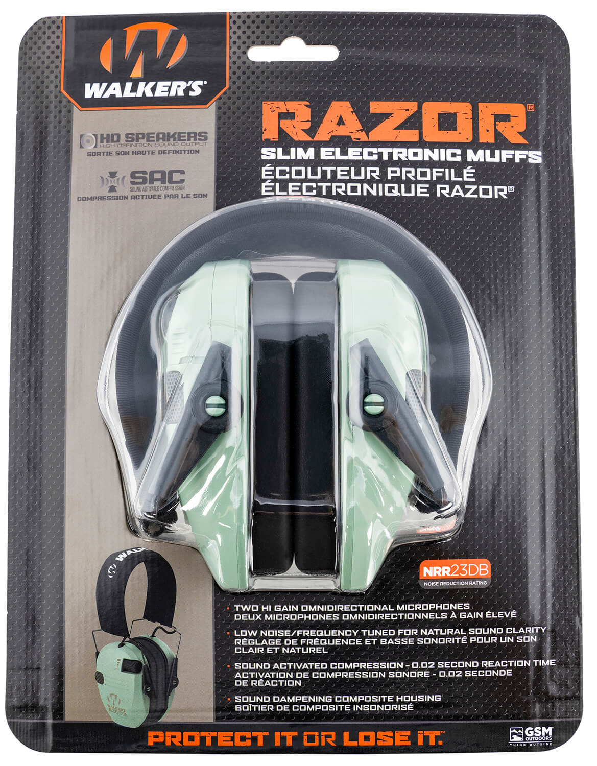 Walker's GWPRSEMSGN Razor Slim Electronic Muff Polymer 23 dB Over the Head  Sage Green/Black Adult – GunStuff
