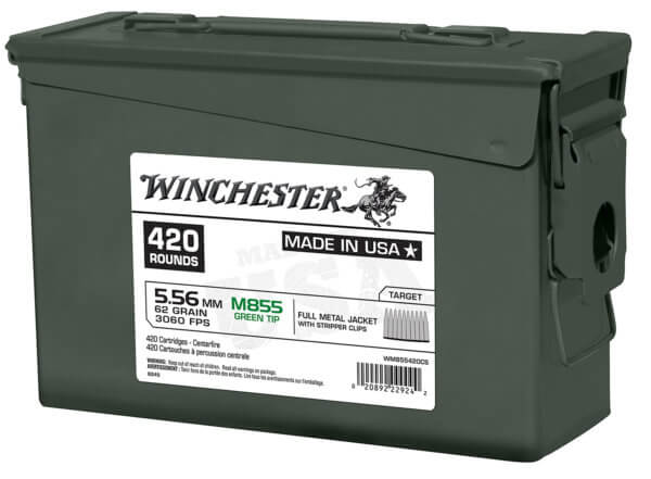 Winchester Ammo WM855420CS USA M855 Green Tip 5.56x45mm NATO 62 gr 3060 fps Full Metal Jacket (FMJ) 420 Bx/2 Cs (Ammo Can)