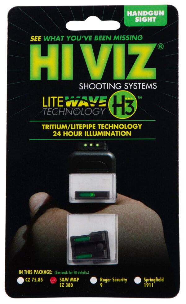 HiViz EZN321 LiteWave H3 Tritium/LitePipe S&W EZ380  Black | Green Tritium with White Outline Front Sight Green Fiber Optic Rear Sight