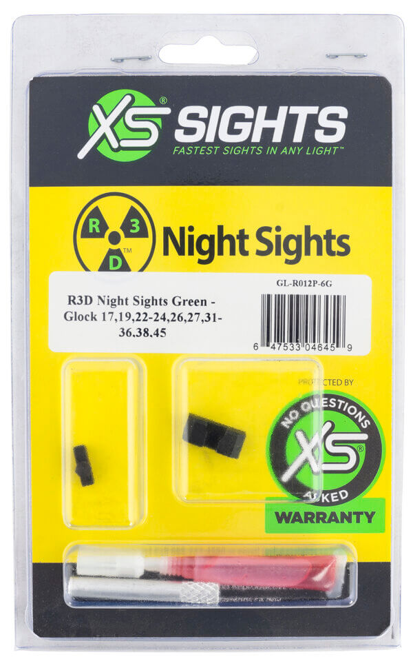 XS Sights GLR012P6G R3D Night Sights fits Glock Black | Green Tritium Green Outline Front Sight Green Tritium Rear Sight