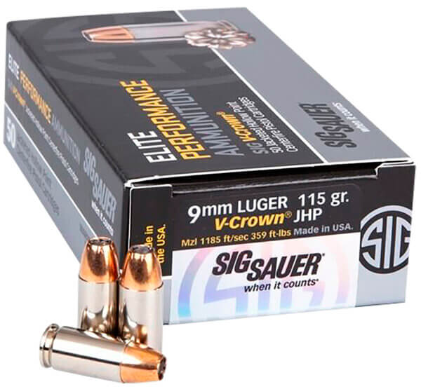 Sig Sauer E9MMA1COMP50 Match Elite Competition 9mm Luger 115 gr 1185 fps V-Crown Jacketed Hollow Point (VJHP) 50rd Box