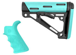 Hogue 13456 OverMolded 2-Piece Kit Collapsible Aqua OverMolded Rubber Black & Aqua Rubber Grip for AR15 M16 with Mil-Spec Tube (Tube Not Included)